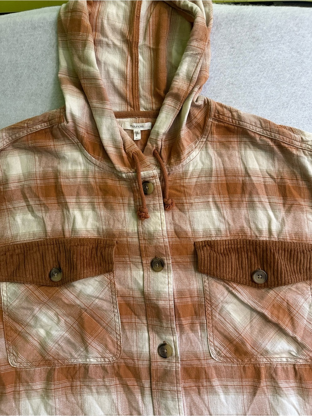Maurices Orange Plaid Hooded Shacket with Corduroy Pockets Size 2X